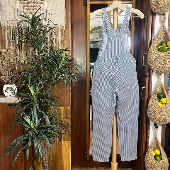 Vintage Railroad Stripe Overalls 2P Blue White Cotton Straight Leg Workwear Chic - Picture 4 of 14